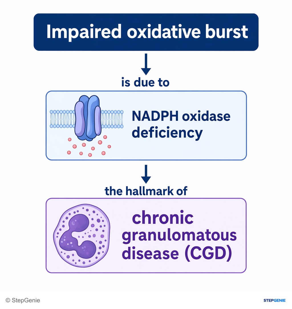 Reasoning step 3: Impaired oxidative burst is due to NADPH oxidase deficiency, the hallmark of chronic granulomatous disease (CGD).