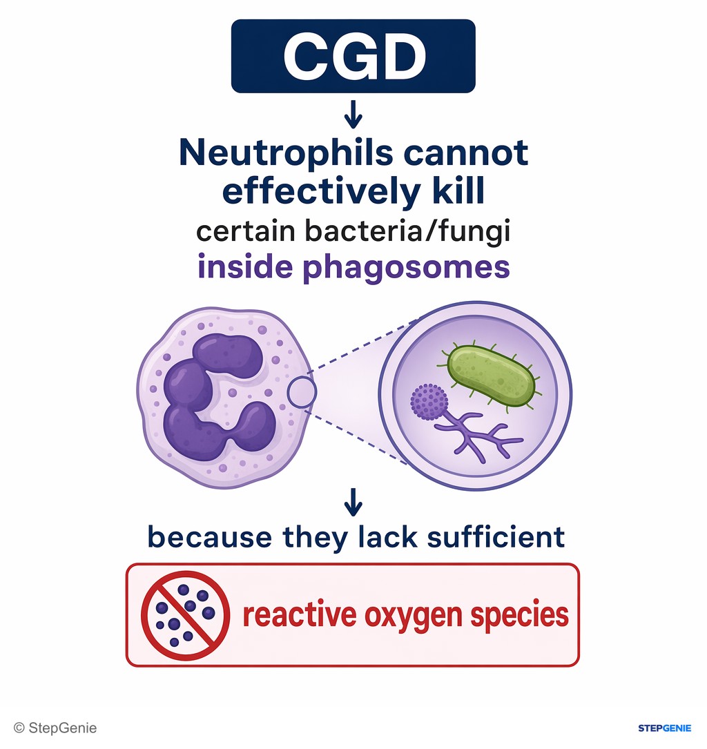 Reasoning step 4: In CGD, neutrophils cannot effectively kill certain bacteria/fungi inside phagosomes because they lack sufficient reactive oxygen species.