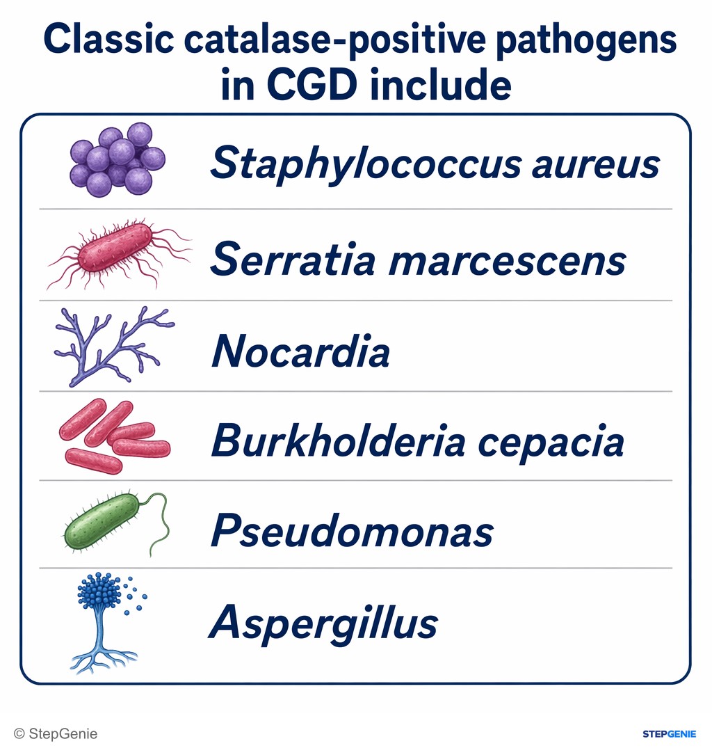 Reasoning step 6: Classic catalase-positive pathogens in CGD include Staphylococcus aureus, Serratia marcescens, Nocardia, Burkholderia cepacia, Pseudomonas, and…