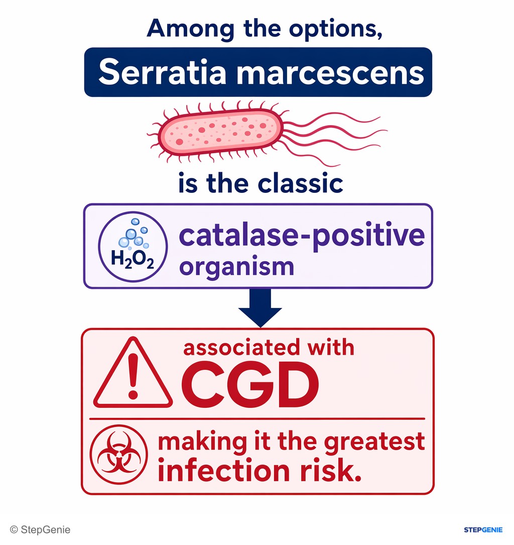 Reasoning step 7: Among the options, Serratia marcescens is the classic catalase-positive organism associated with CGD, making it the greatest infection risk.