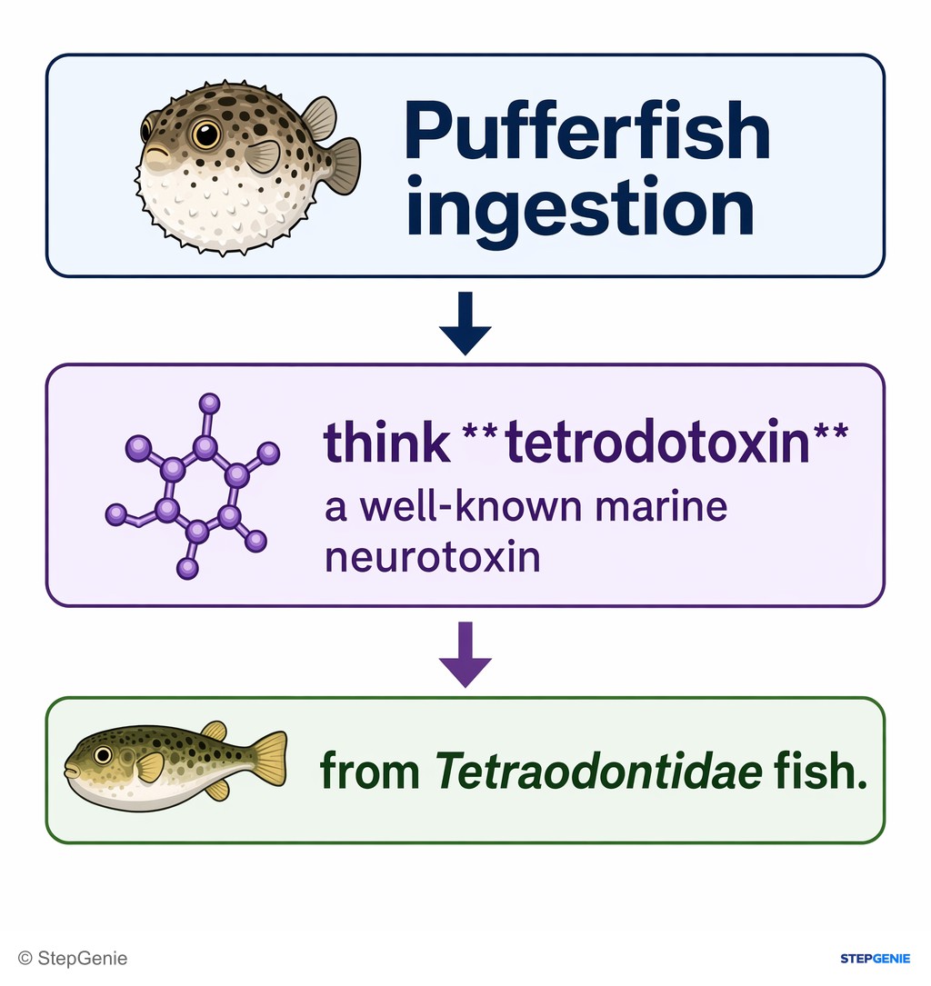 Reasoning step 1: Pufferfish ingestion → think tetrodotoxin, a well-known marine neurotoxin from Tetraodontidae fish.