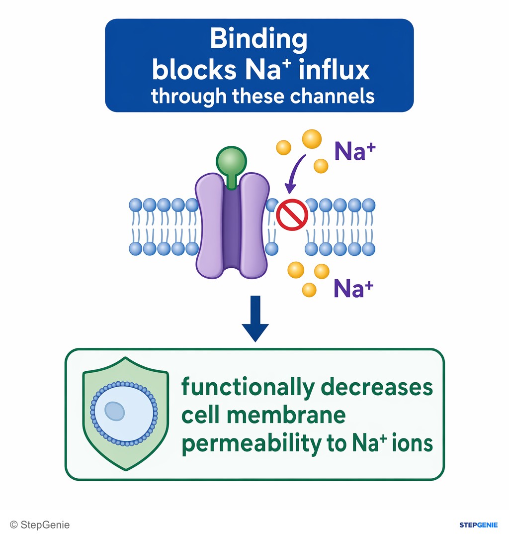 Reasoning step 3: Binding blocks Na⁺ influx through these channels → functionally decreases cell membrane permeability to Na⁺ ions.