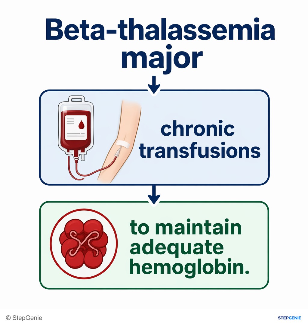 Reasoning step 1: Beta-thalassemia major requires chronic transfusions to maintain adequate hemoglobin.