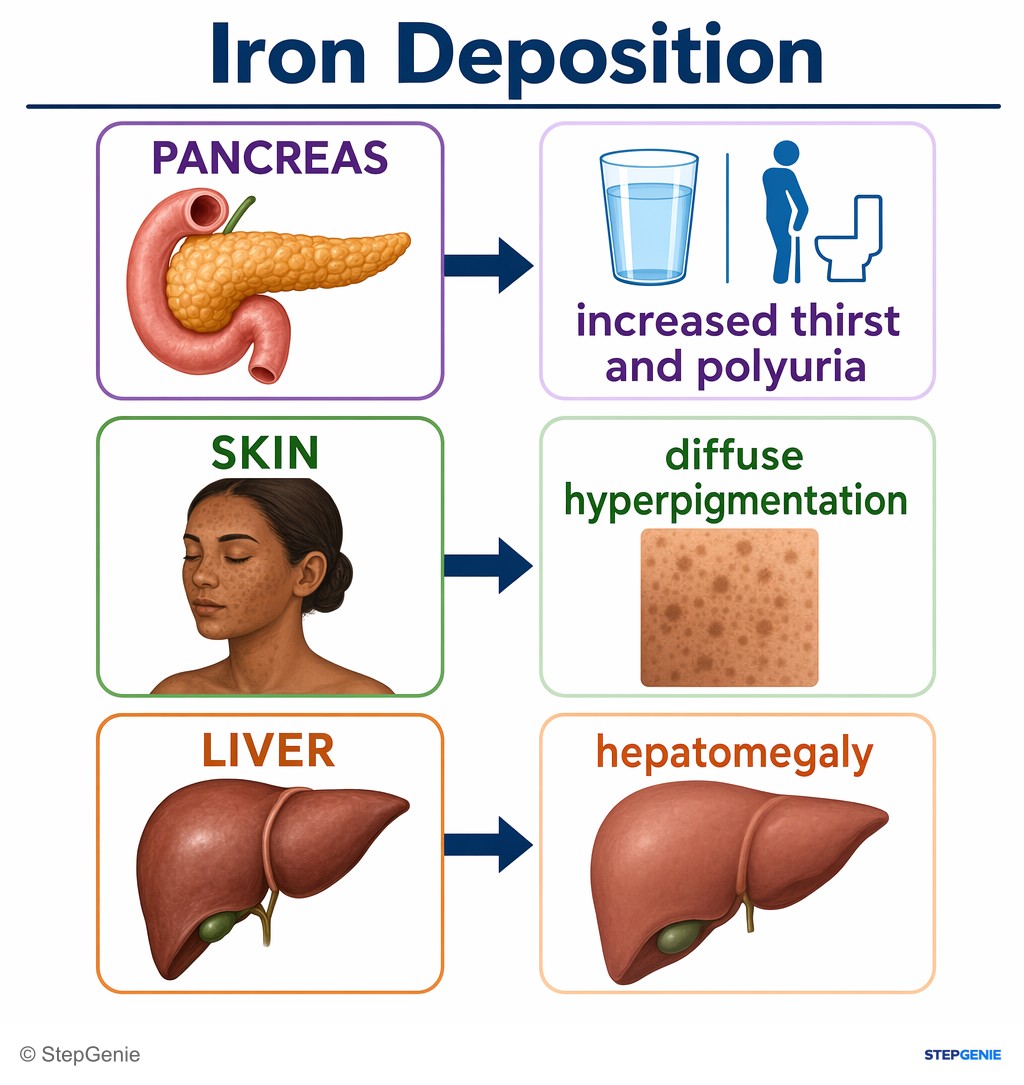 Reasoning step 4: Iron deposition in the pancreas can cause diabetes → increased thirst and polyuria; deposition in skin causes diffuse hyperpigmentation; in liver…
