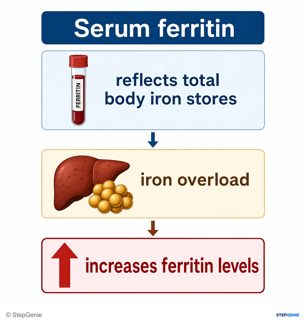Reasoning step 5: Serum ferritin reflects total body iron stores; iron overload markedly increases ferritin levels.