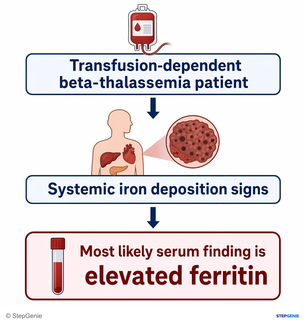 Reasoning step 6: Therefore, in a transfusion-dependent beta-thalassemia patient with systemic iron deposition signs, the most likely serum finding is elevated…