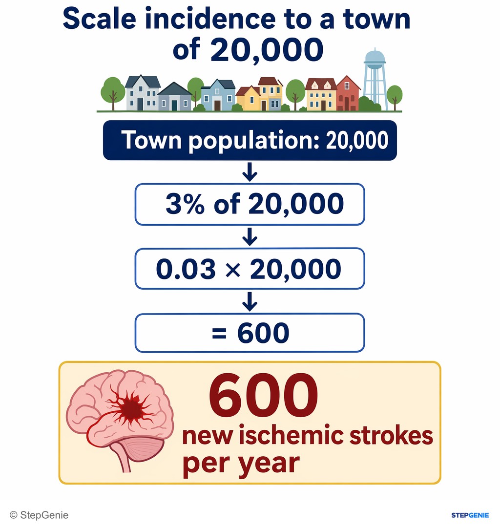 Reasoning step 2: Scale incidence to a town of 20,000: 3% of 20,000 = 0.03 × 20,000 = 600 new ischemic strokes per year.