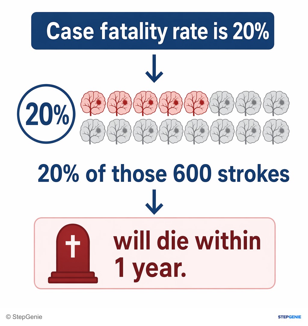Reasoning step 3: Case fatality rate is 20% → 20% of those 600 strokes will die within 1 year.