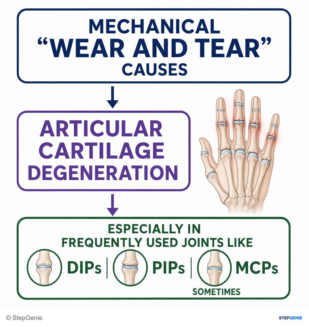 Reasoning step 2: Mechanical “wear and tear” causes articular cartilage degeneration, especially in frequently used joints like DIPs, PIPs, and sometimes MCPs.