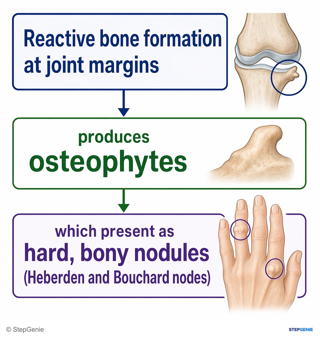 Reasoning step 4: Reactive bone formation at joint margins produces osteophytes, which present as hard, bony nodules (Heberden and Bouchard nodes).