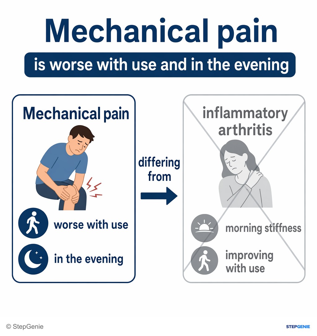 Reasoning step 5: Mechanical pain is worse with use and in the evening, differing from inflammatory arthritis (morning stiffness improving with use).