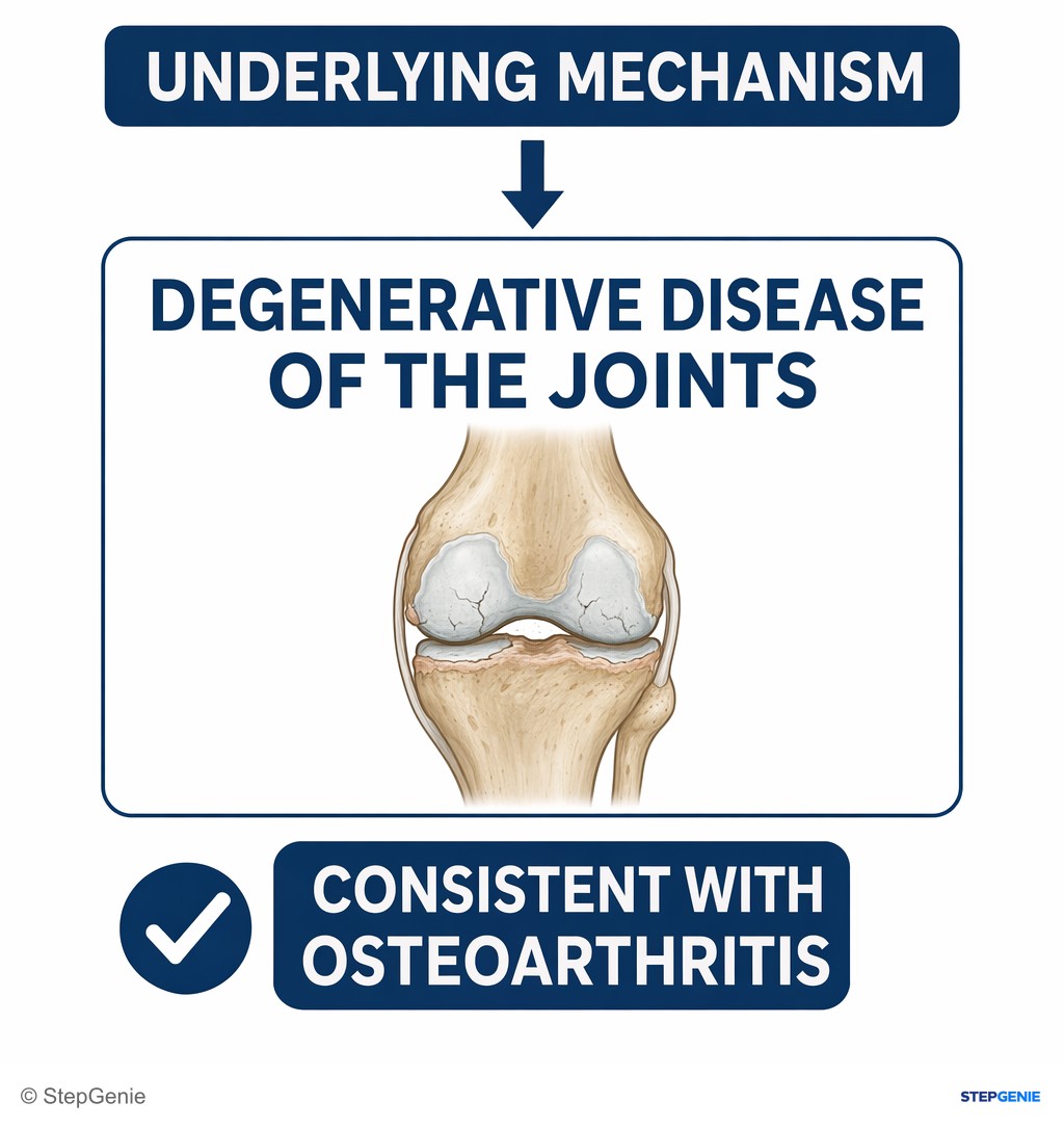 Reasoning step 6: Thus, the underlying mechanism is degenerative disease of the joints consistent with osteoarthritis.