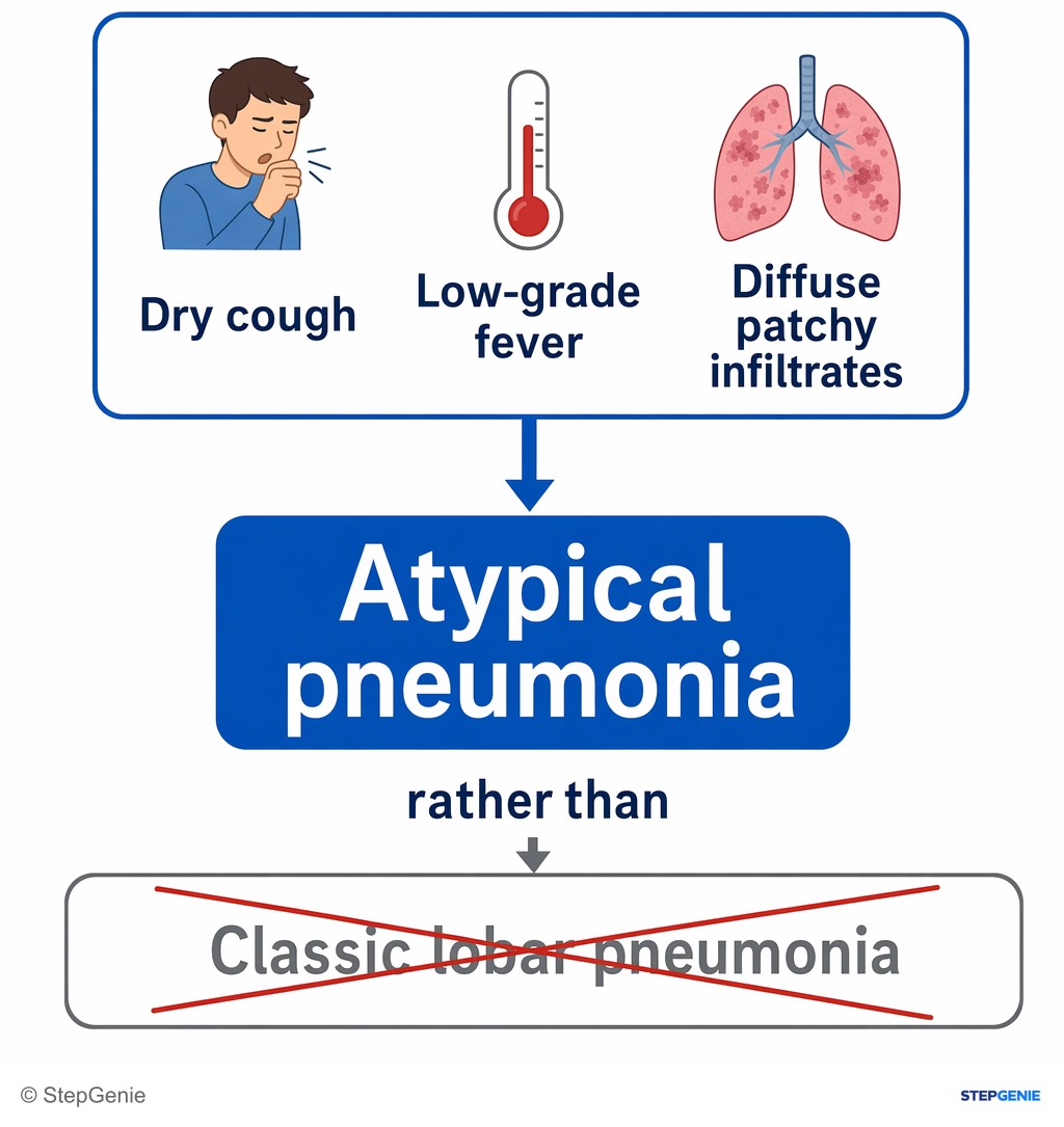 Reasoning step 1: Dry cough, low-grade fever, and diffuse patchy infiltrates indicate atypical pneumonia rather than classic lobar pneumonia.