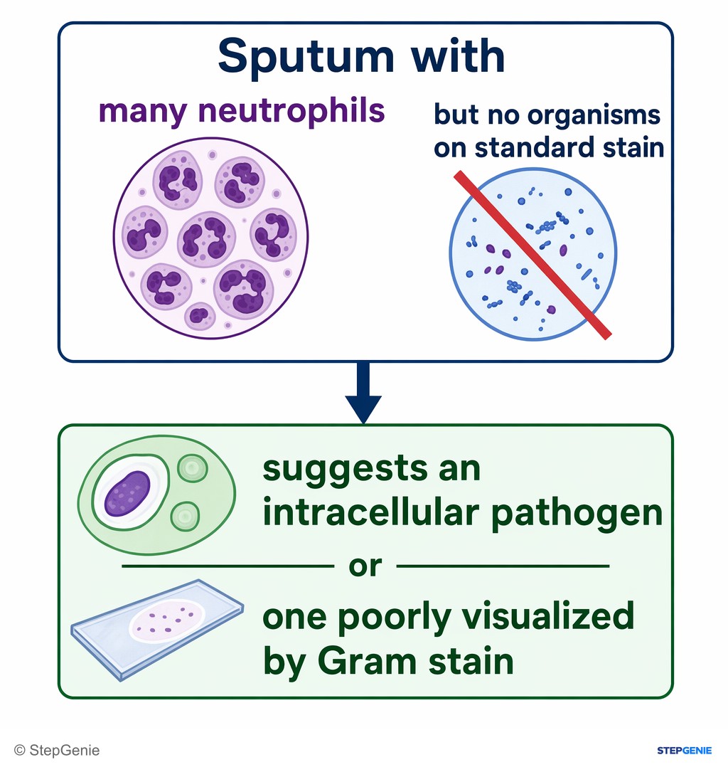 Reasoning step 2: Sputum with many neutrophils but no organisms on standard stain suggests an intracellular pathogen or one poorly visualized by Gram stain.
