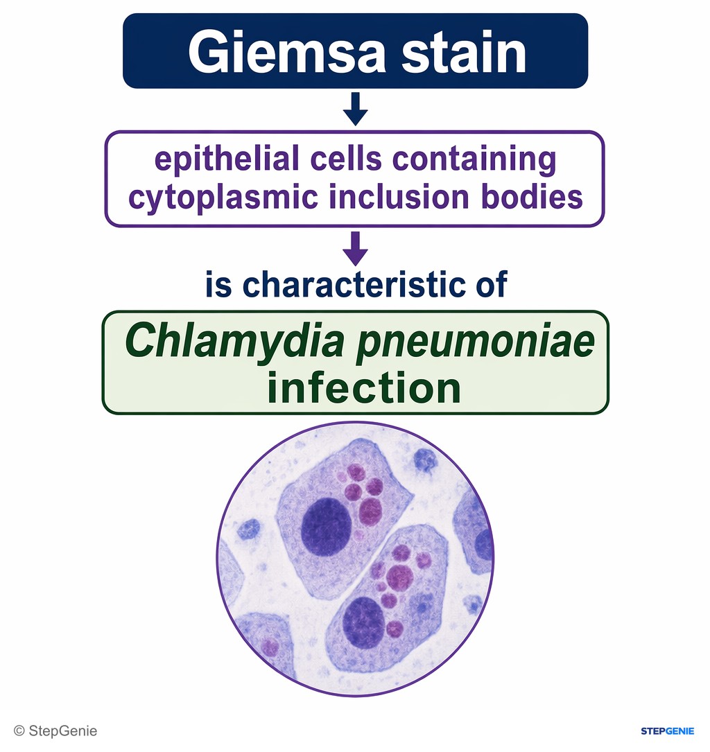 Reasoning step 3: Giemsa stain showing epithelial cells containing cytoplasmic inclusion bodies is characteristic of Chlamydia pneumoniae infection.