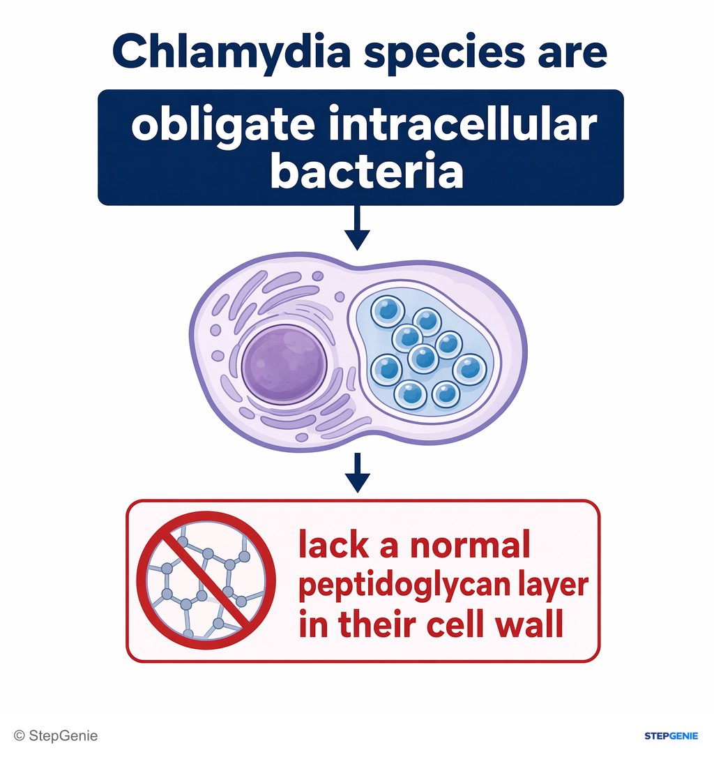 Reasoning step 4: Chlamydia species are obligate intracellular bacteria that lack a normal peptidoglycan layer in their cell wall.