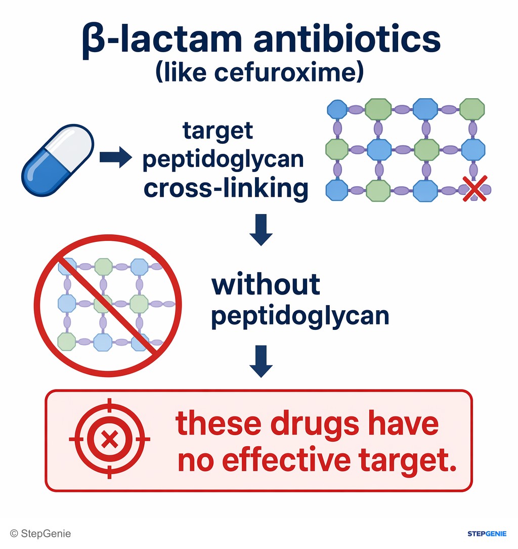 Reasoning step 5: β-lactam antibiotics (like cefuroxime) target peptidoglycan cross-linking; without peptidoglycan, these drugs have no effective target.