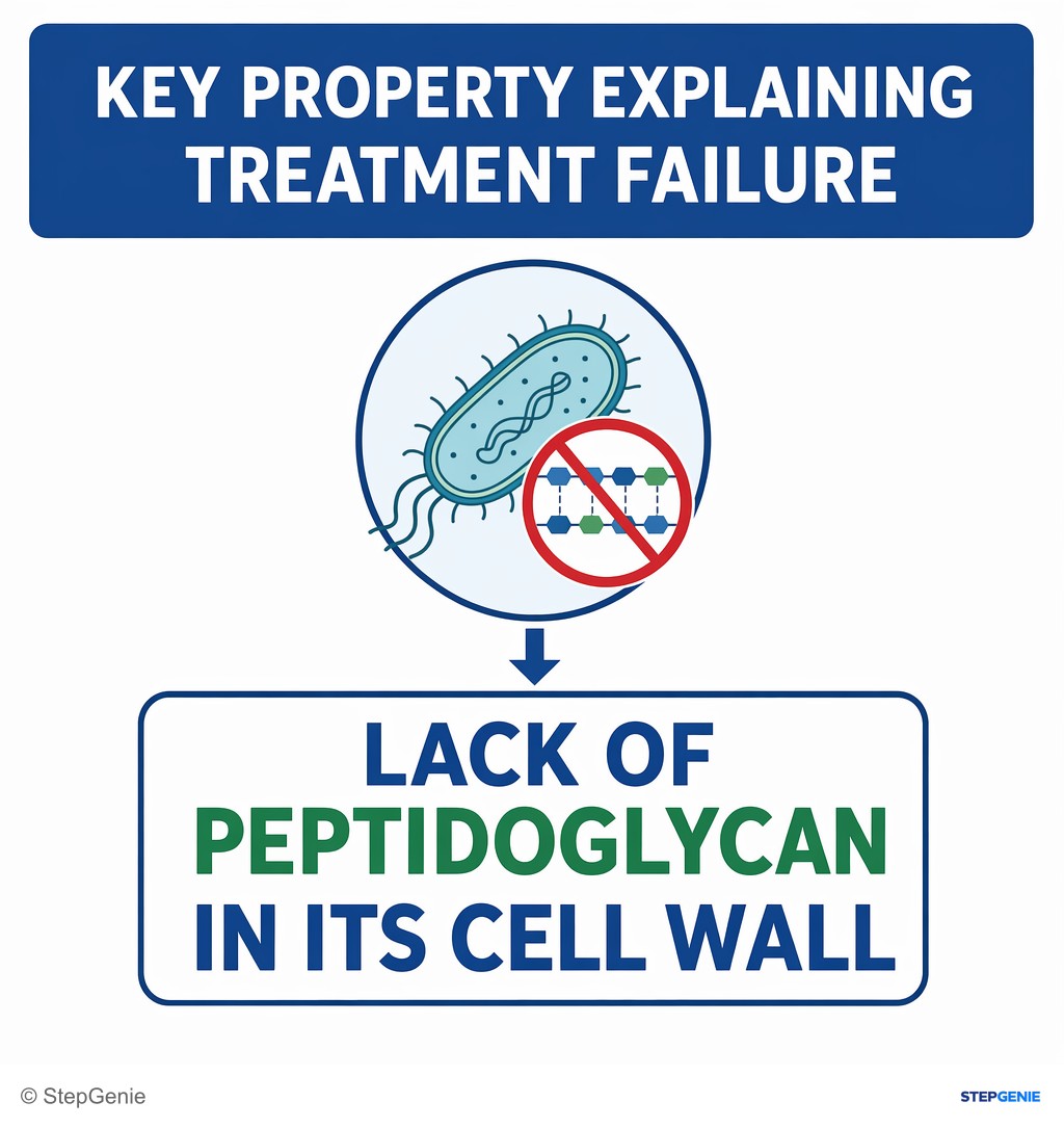 Reasoning step 6: Therefore, the key property explaining treatment failure is the pathogen’s lack of peptidoglycan in its cell wall.