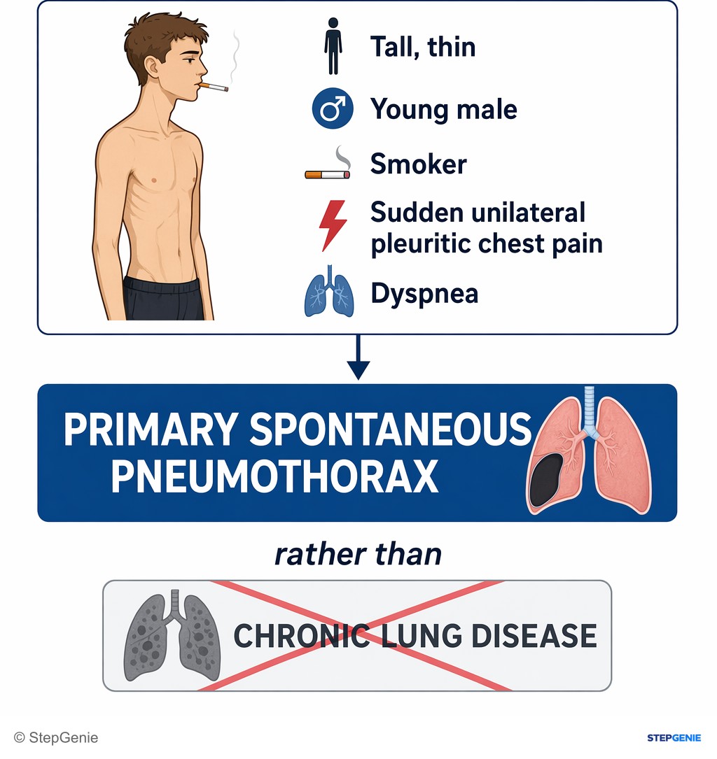 Reasoning step 1: Tall, thin, young male smoker with sudden unilateral pleuritic chest pain and dyspnea suggests primary spontaneous pneumothorax rather than chronic…