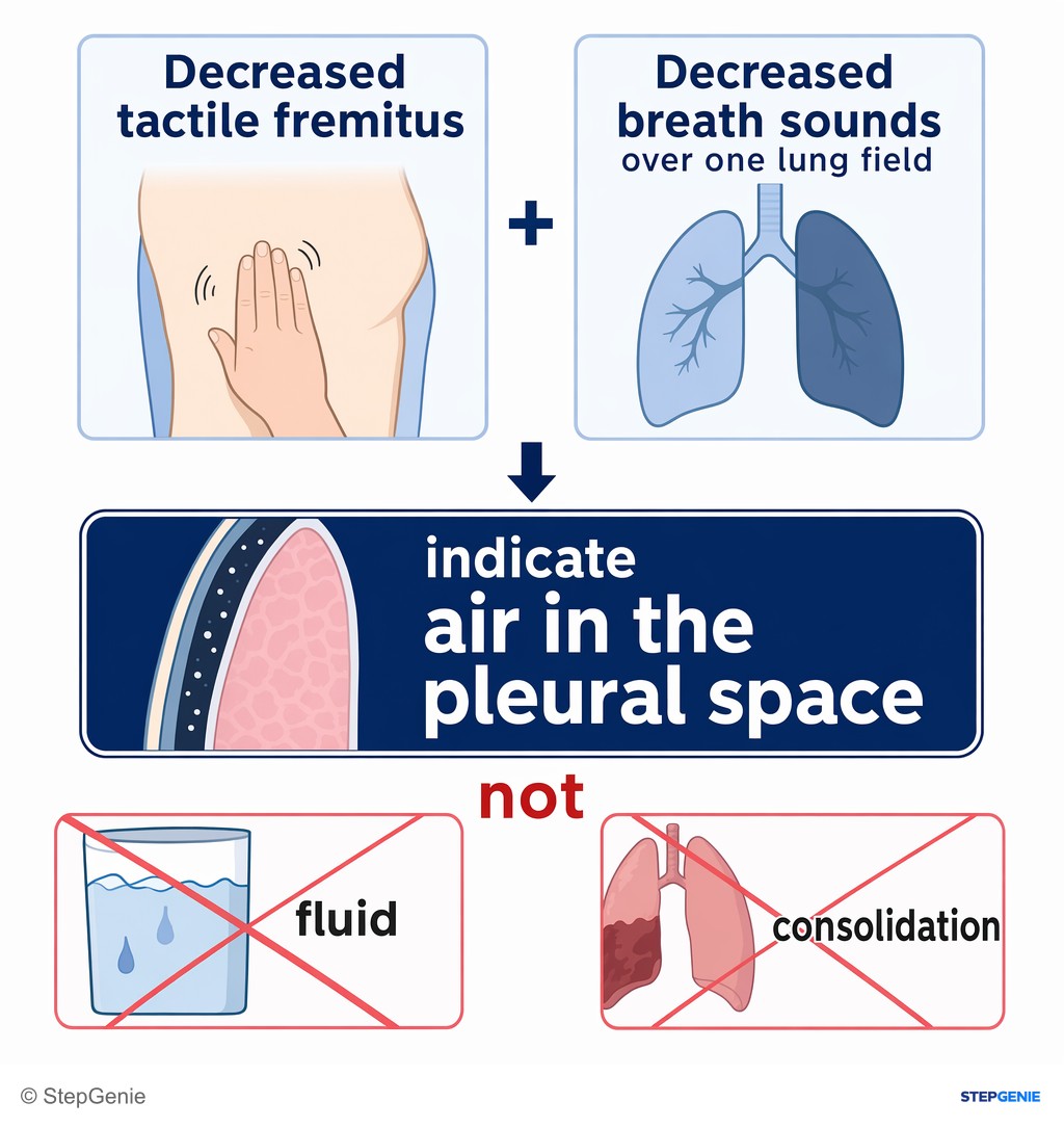 Reasoning step 2: Decreased tactile fremitus and decreased breath sounds over one lung field indicate air in the pleural space, not fluid or consolidation.