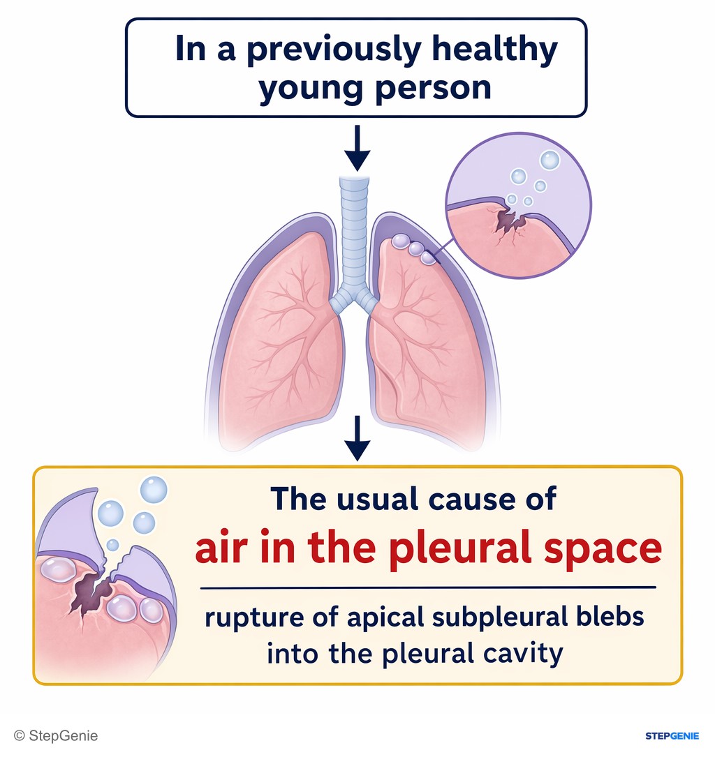 Reasoning step 3: In a previously healthy young person, the usual cause of air in the pleural space is rupture of apical subpleural blebs into the pleural cavity.