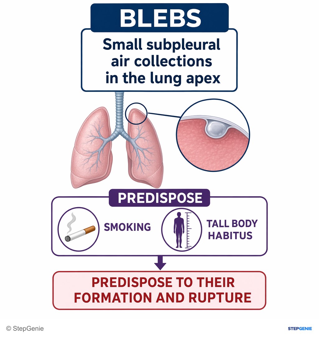 Reasoning step 4: Blebs are small subpleural air collections in the lung apex; smoking and tall body habitus predispose to their formation and rupture.