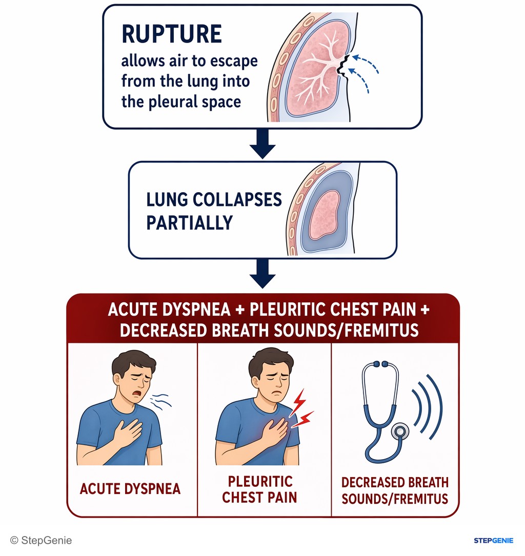 Reasoning step 5: Rupture allows air to escape from the lung into the pleural space → lung collapses partially → acute dyspnea + pleuritic chest pain + decreased…