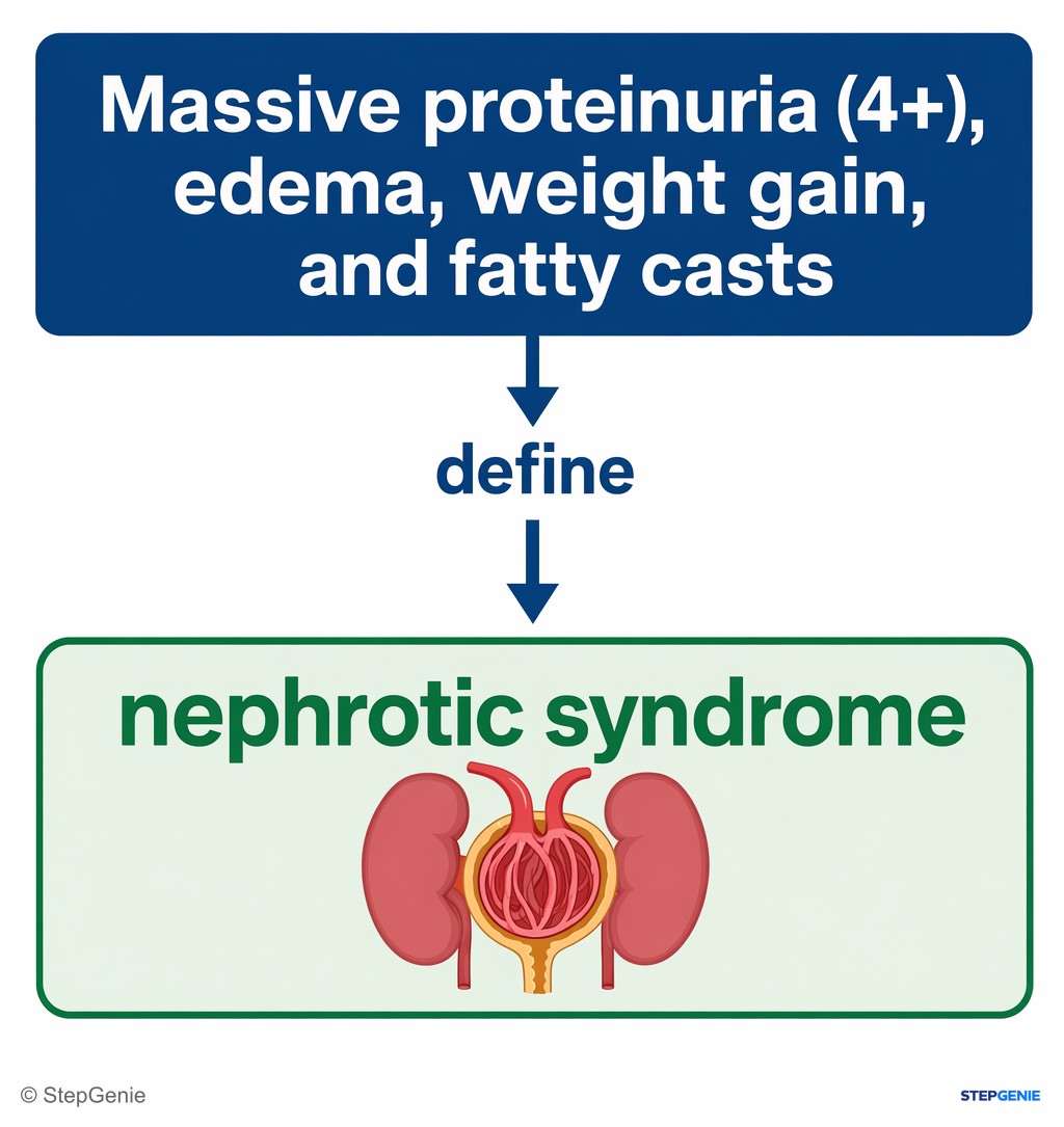 Reasoning step 1: Massive proteinuria (4+), edema, weight gain, and fatty casts define nephrotic syndrome.