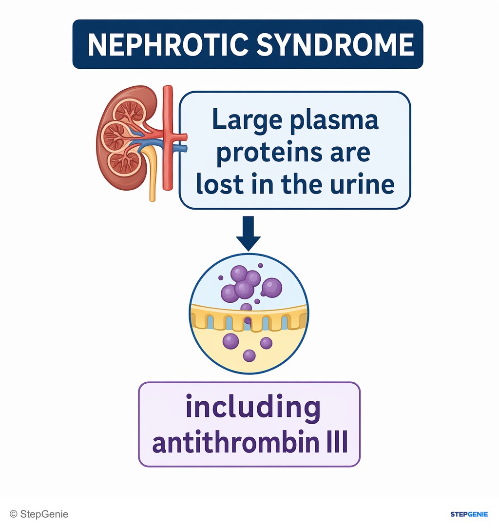 Reasoning step 2: In nephrotic syndrome, large plasma proteins are lost in the urine, including antithrombin III.