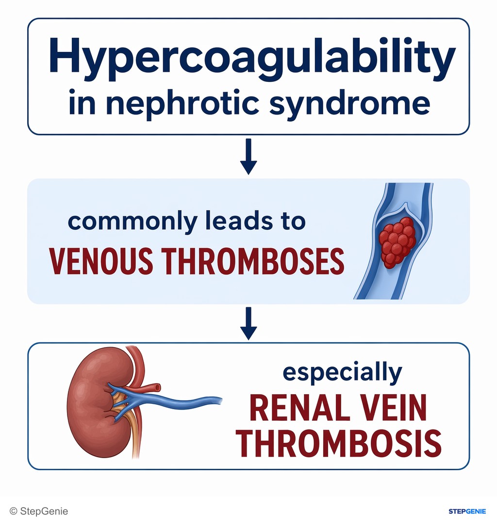 Reasoning step 4: Hypercoagulability in nephrotic syndrome commonly leads to venous thromboses, especially renal vein thrombosis.