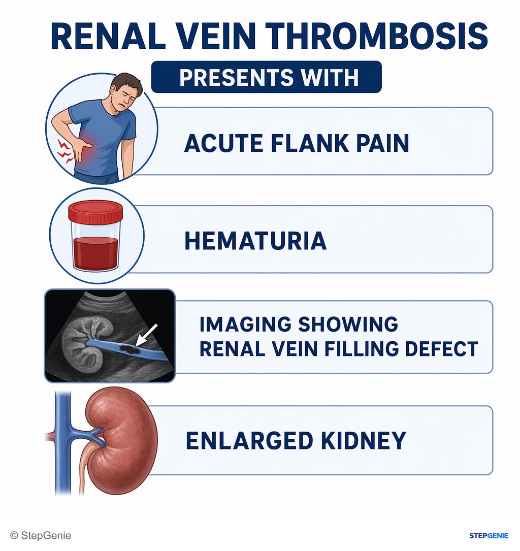 Reasoning step 5: Renal vein thrombosis presents with acute flank pain, hematuria, and imaging showing a renal vein filling defect and enlarged kidney.