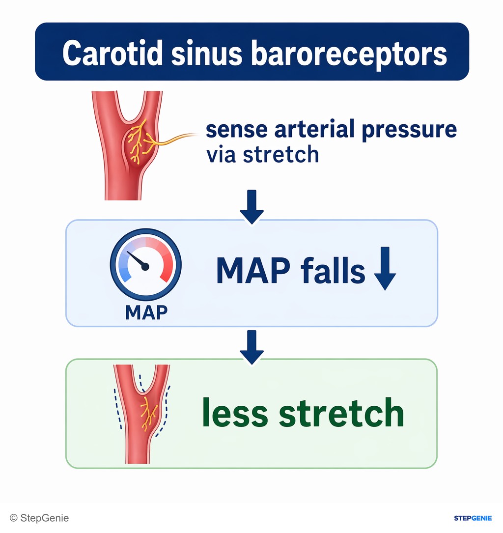 Reasoning step 3: Carotid sinus baroreceptors sense arterial pressure via stretch; less stretch occurs when MAP falls.