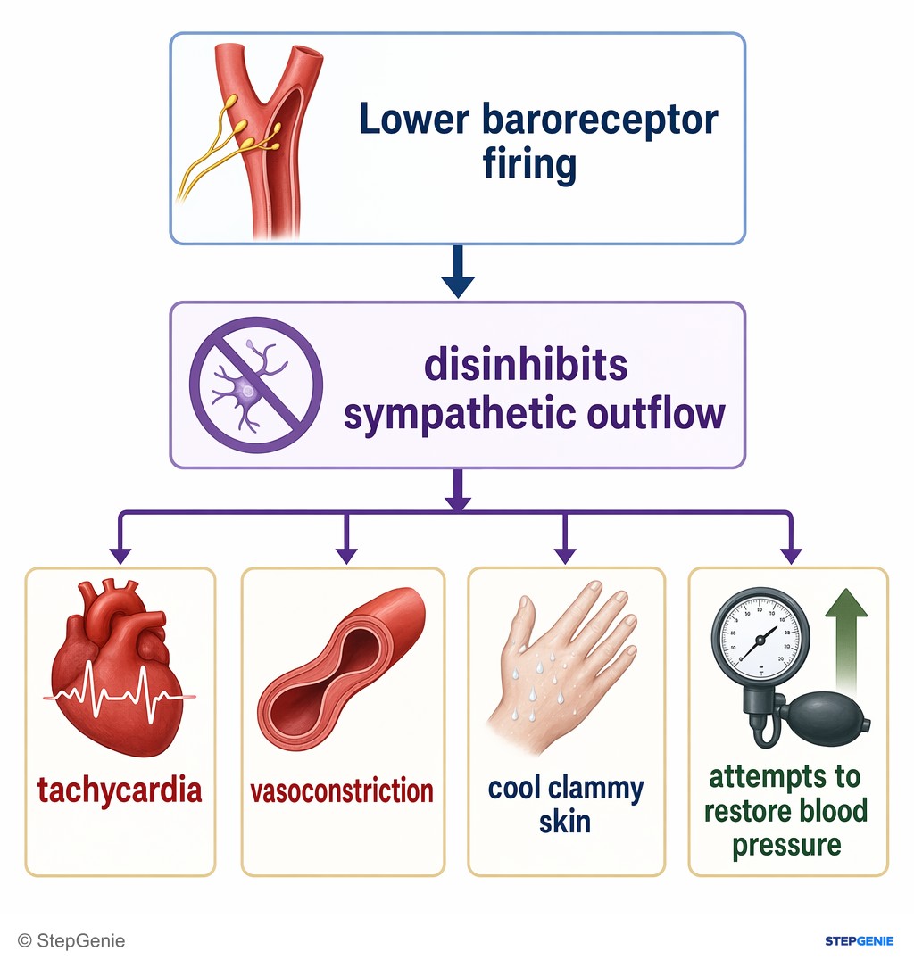 Reasoning step 5: Lower baroreceptor firing disinhibits sympathetic outflow → tachycardia, vasoconstriction, cool clammy skin, and attempts to restore blood pressure.