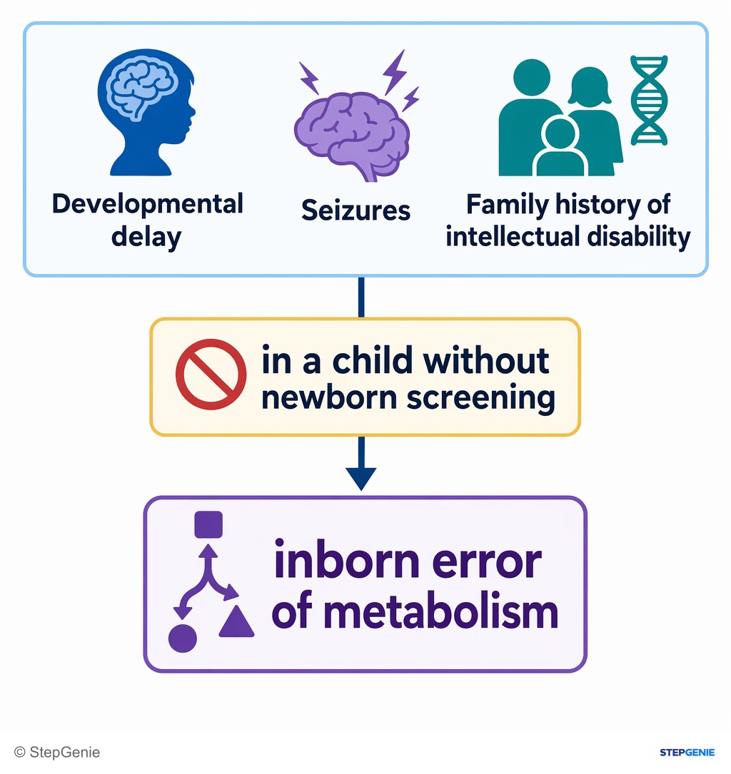 Reasoning step 1: Developmental delay, seizures, and family history of intellectual disability in a child without newborn screening suggests an inborn error of…