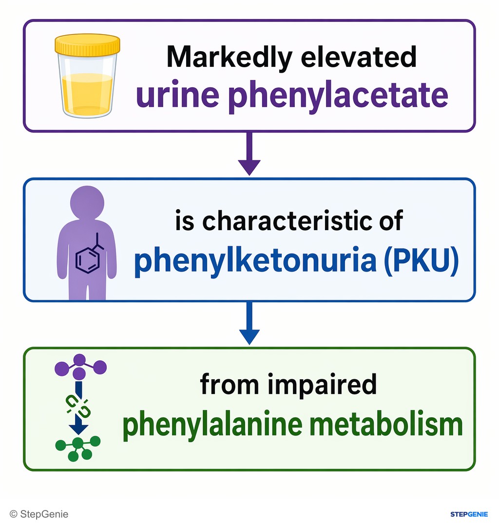Reasoning step 2: Markedly elevated urine phenylacetate is characteristic of phenylketonuria (PKU) from impaired phenylalanine metabolism.