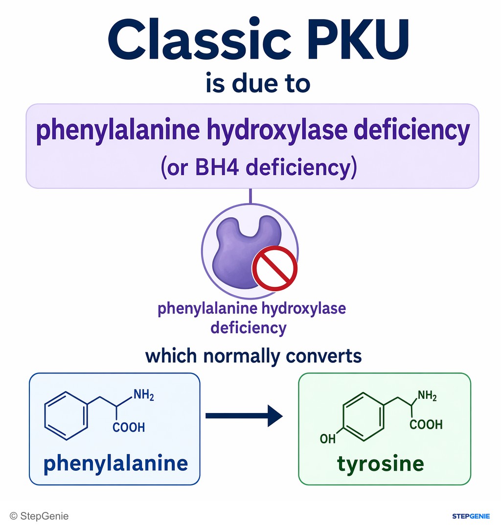 Reasoning step 3: Classic PKU is due to phenylalanine hydroxylase deficiency (or BH4 deficiency), which normally converts phenylalanine → tyrosine.