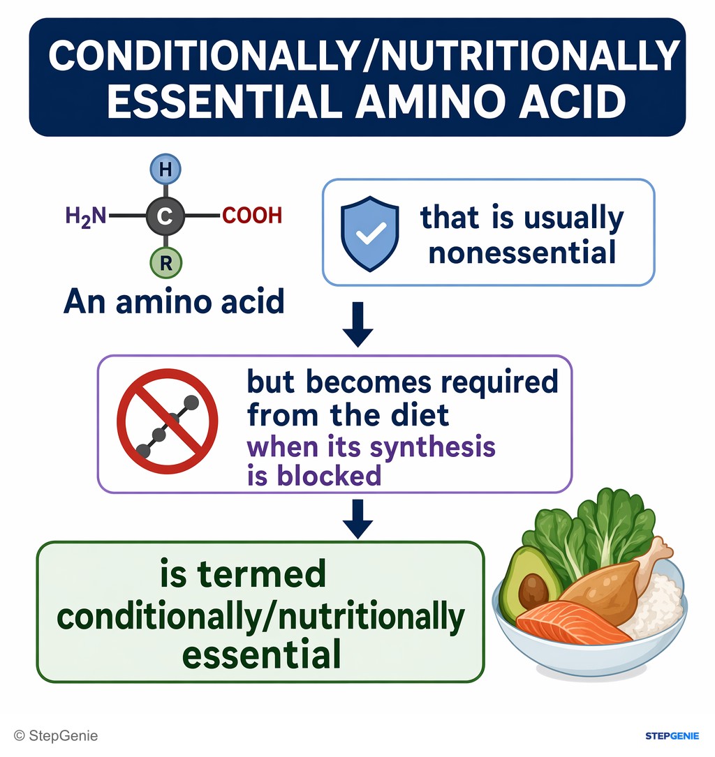 Reasoning step 5: An amino acid that is usually nonessential but becomes required from the diet when its synthesis is blocked is termed conditionally/nutritionally…