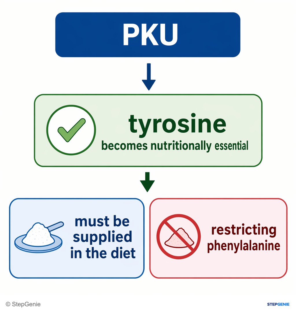 Reasoning step 6: Therefore, in PKU, tyrosine becomes nutritionally essential and must be supplied in the diet while restricting phenylalanine.
