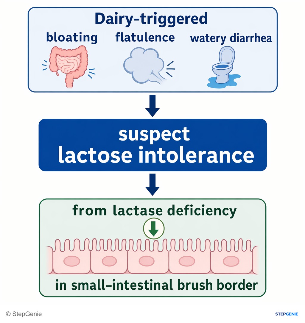 Reasoning step 1: Dairy-triggered bloating, flatulence, watery diarrhea → suspect lactose intolerance from lactase deficiency in small-intestinal brush border.