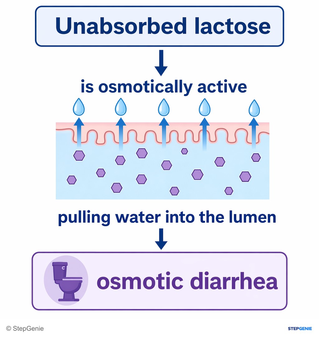 Reasoning step 3: Unabsorbed lactose is osmotically active, pulling water into the lumen → osmotic diarrhea.