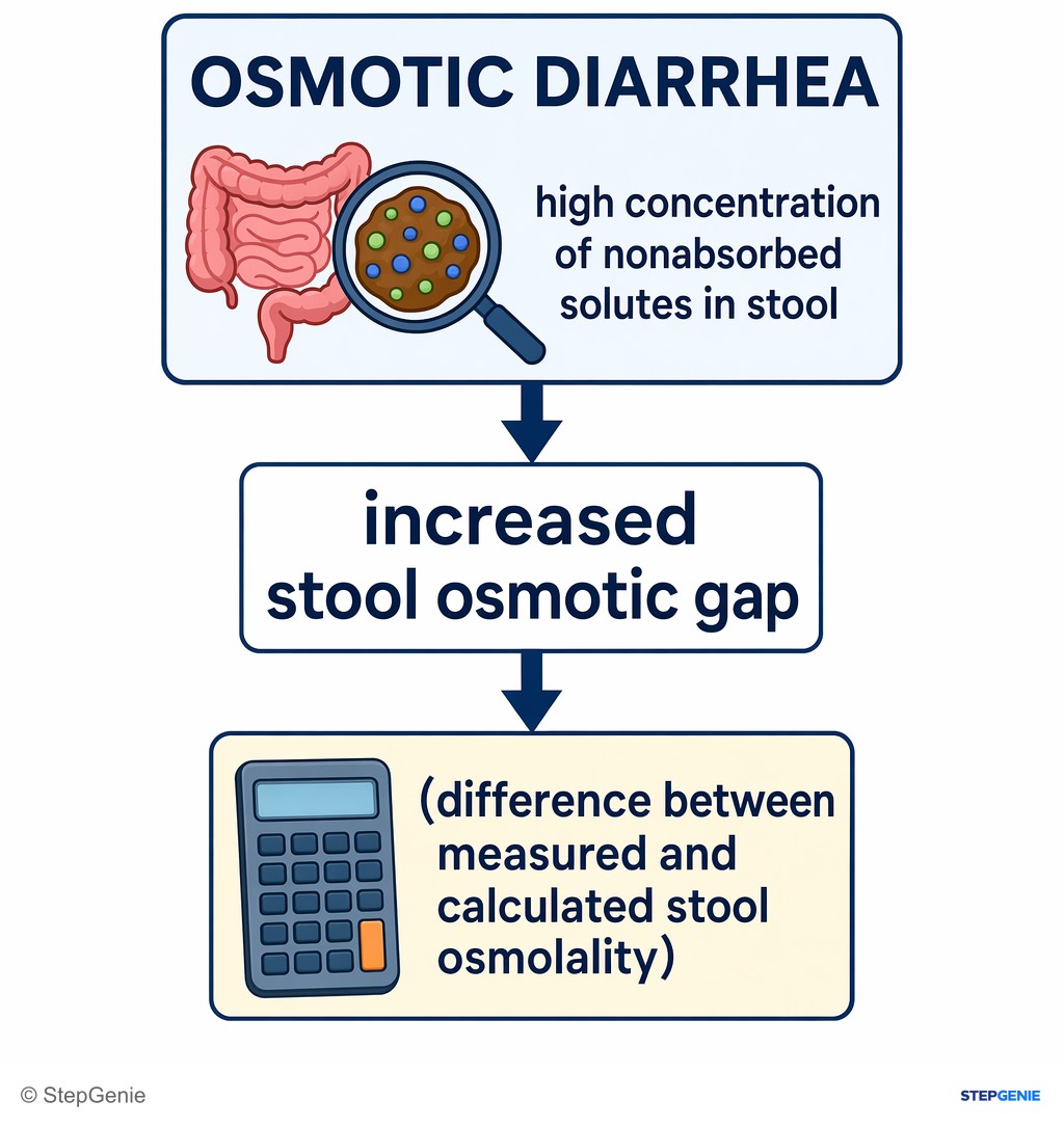Reasoning step 4: Osmotic diarrhea = high concentration of nonabsorbed solutes in stool → increased stool osmotic gap (difference between measured and calculated…