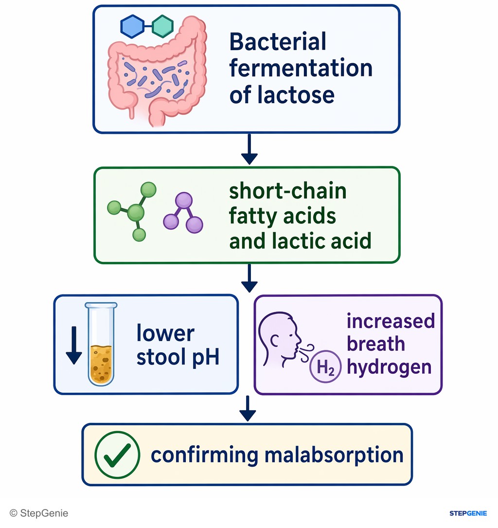 Reasoning step 5: Bacterial fermentation of lactose → short-chain fatty acids and lactic acid → lower stool pH and increased breath hydrogen, confirming malabsorption.