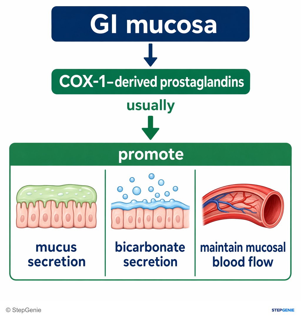Reasoning step 3: In GI mucosa, COX-1–derived prostaglandins usually promote mucus and bicarbonate secretion and maintain mucosal blood flow.