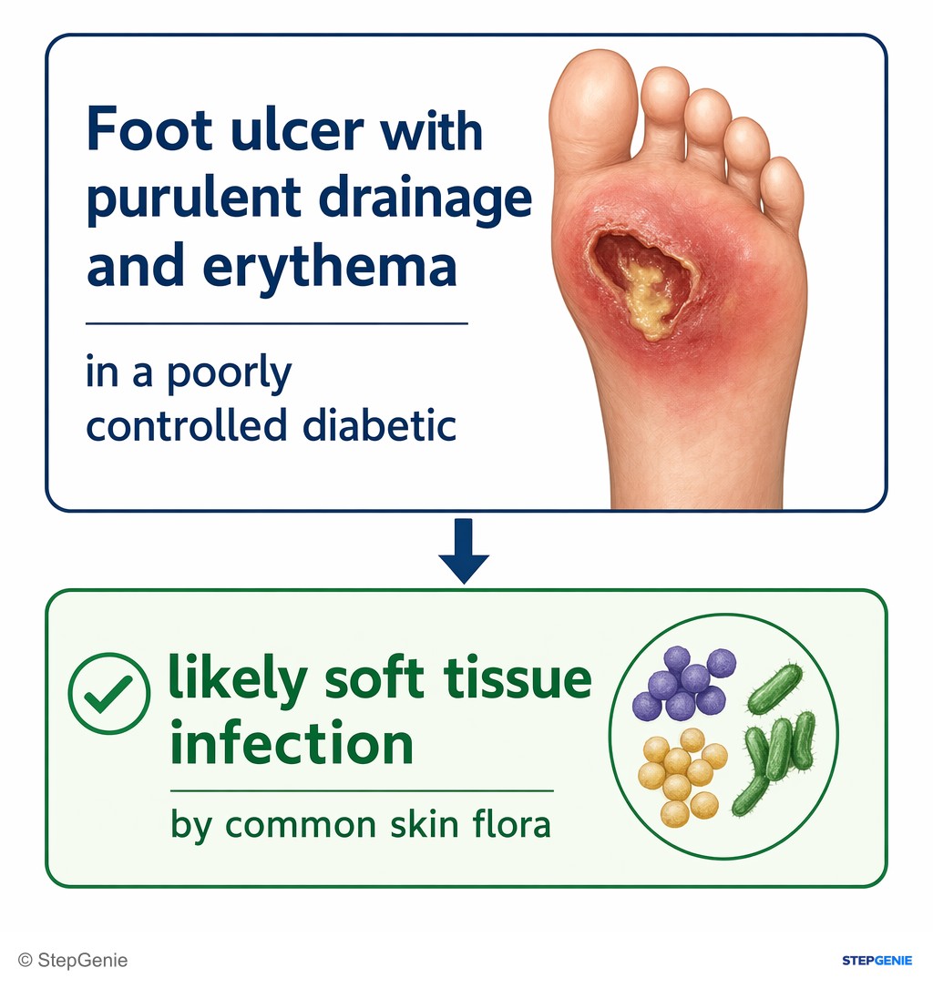 Reasoning step 1: Foot ulcer with purulent drainage and erythema in a poorly controlled diabetic → likely soft tissue infection by common skin flora.