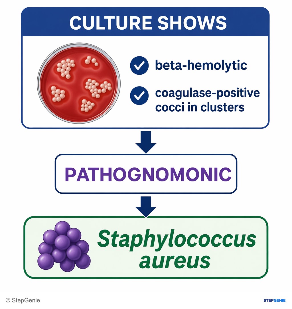 Reasoning step 2: Culture shows beta-hemolytic, coagulase-positive cocci in clusters → this combination is pathognomonic for Staphylococcus aureus.