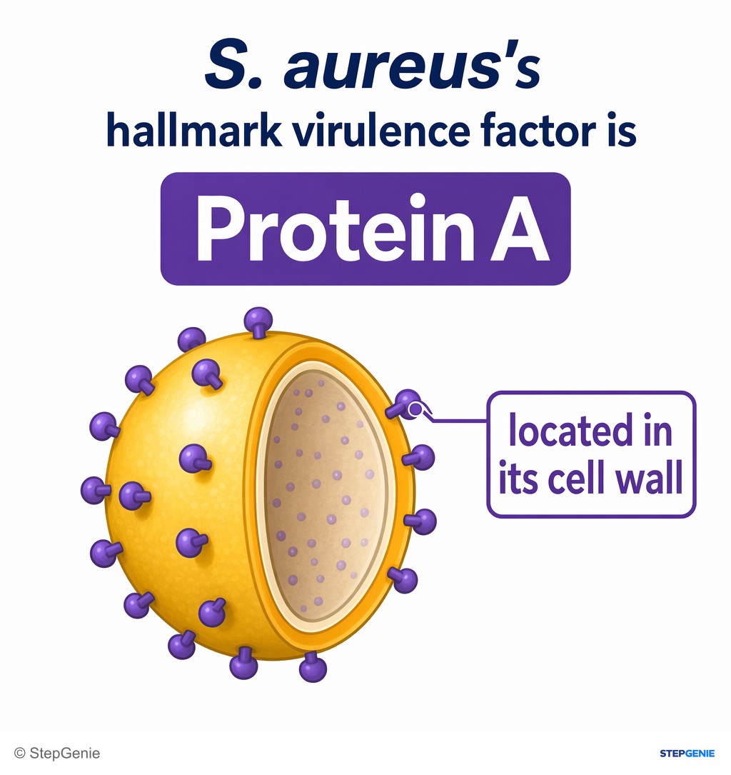 Reasoning step 4: S. aureus’s hallmark virulence factor is Protein A, located in its cell wall.