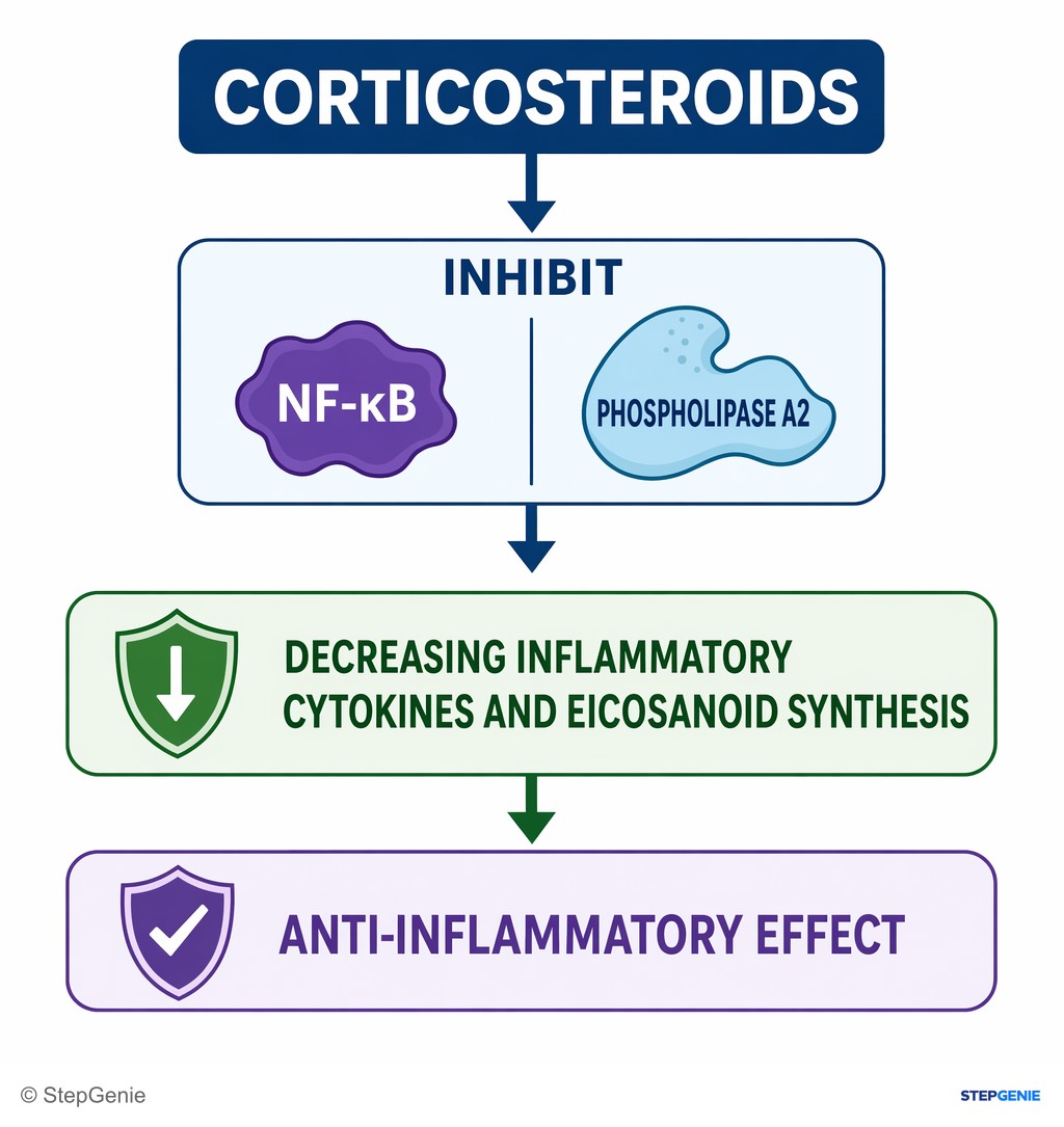 Reasoning step 3: Corticosteroids inhibit NF-κB and phospholipase A2, decreasing inflammatory cytokines and eicosanoid synthesis → anti-inflammatory effect.