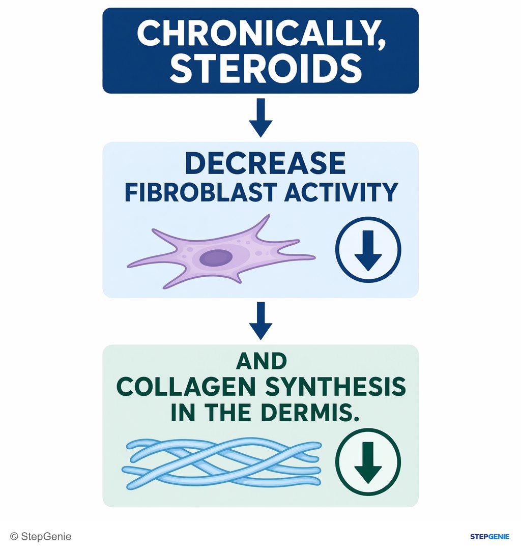 Reasoning step 4: Chronically, steroids decrease fibroblast activity and collagen synthesis in the dermis.