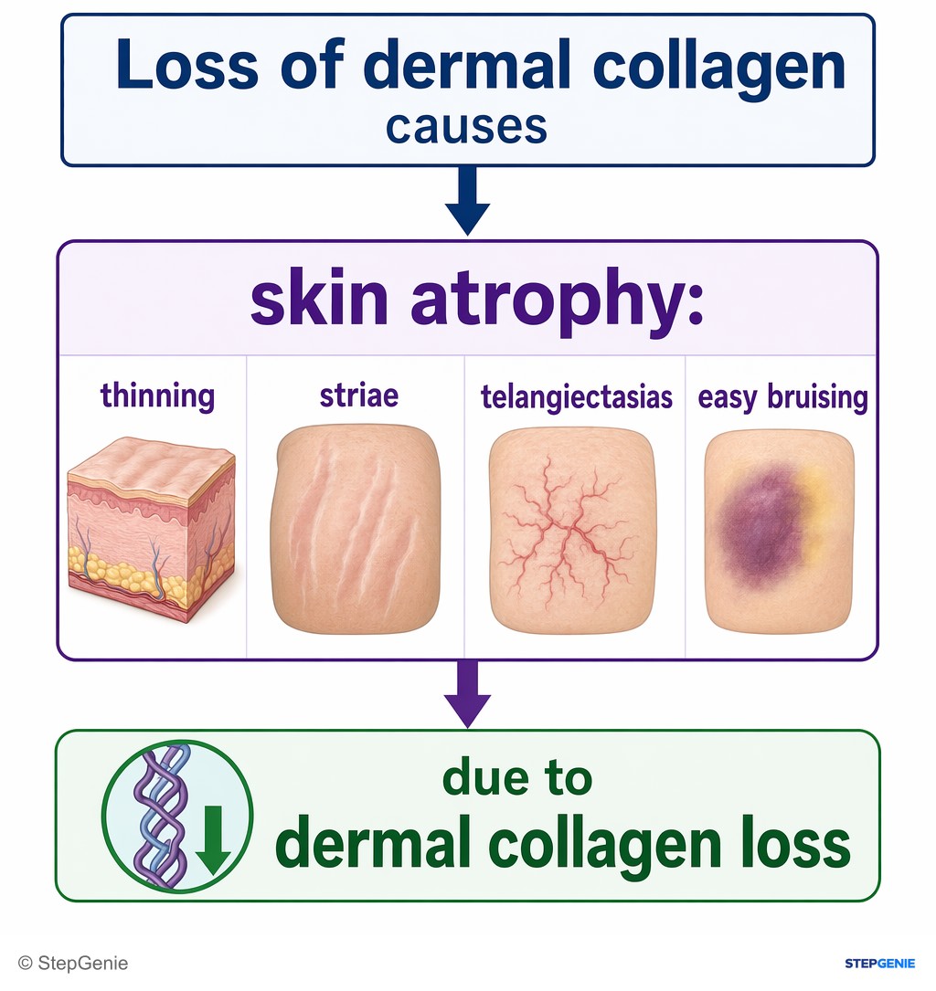 Reasoning step 5: Loss of dermal collagen causes skin atrophy: thinning, striae, telangiectasias, easy bruising → due to dermal collagen loss.