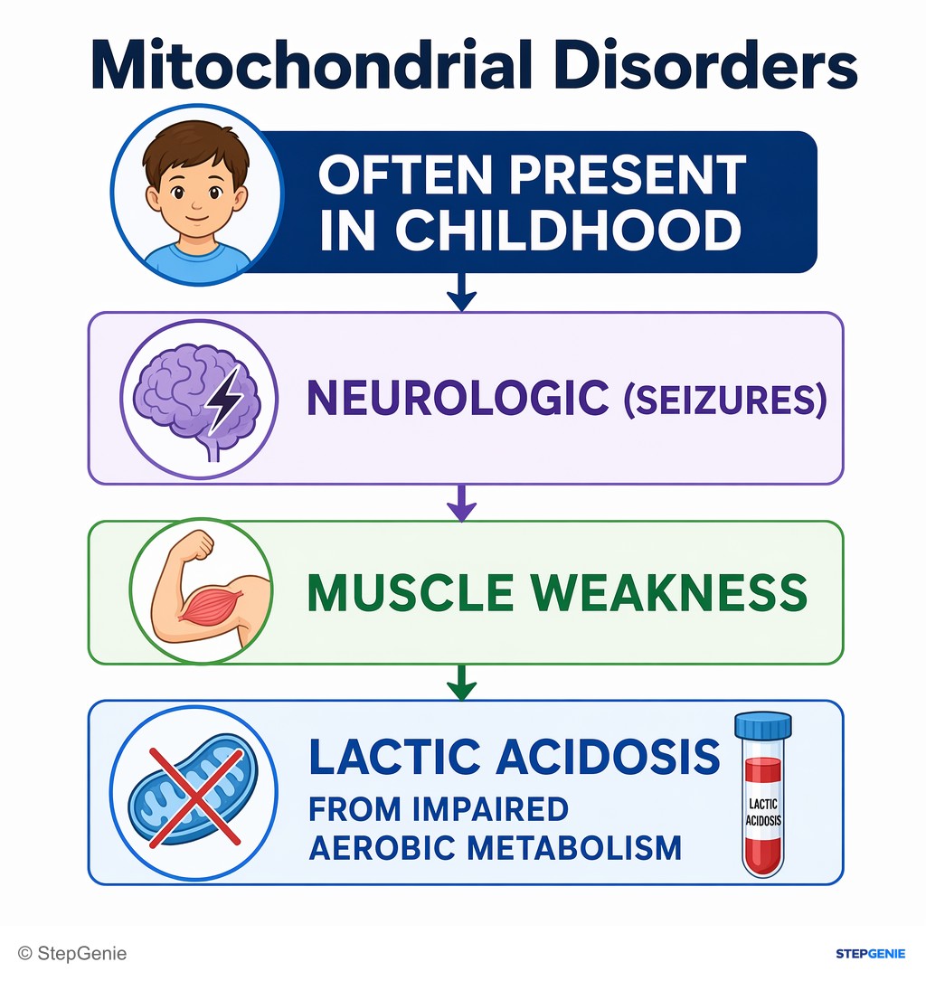 Reasoning step 2: Mitochondrial disorders often present in childhood with neurologic (seizures) and muscle weakness, and show lactic acidosis from impaired aerobic…